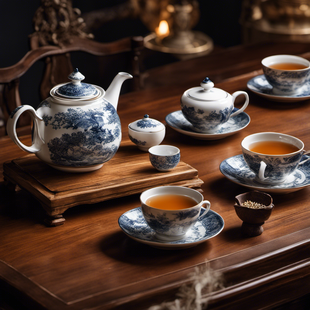 An image showcasing a rustic wooden table adorned with an elegant teapot pouring precisely 16 teaspoons of vibrant, steaming tea into delicate porcelain cups, evoking a sense of precision and indulgence