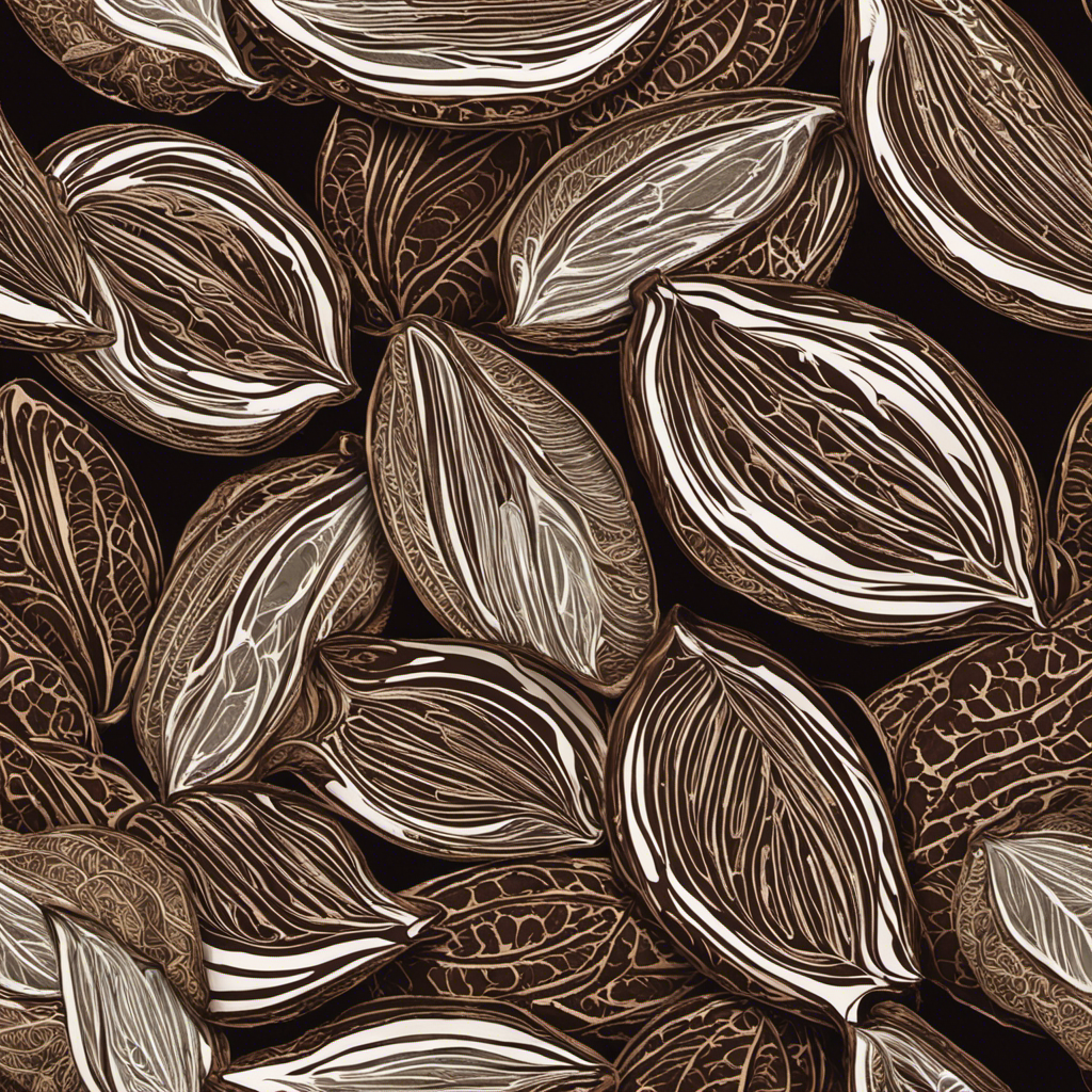 An image displaying a close-up of a raw cacao bean split in half, revealing its rich, dark interior