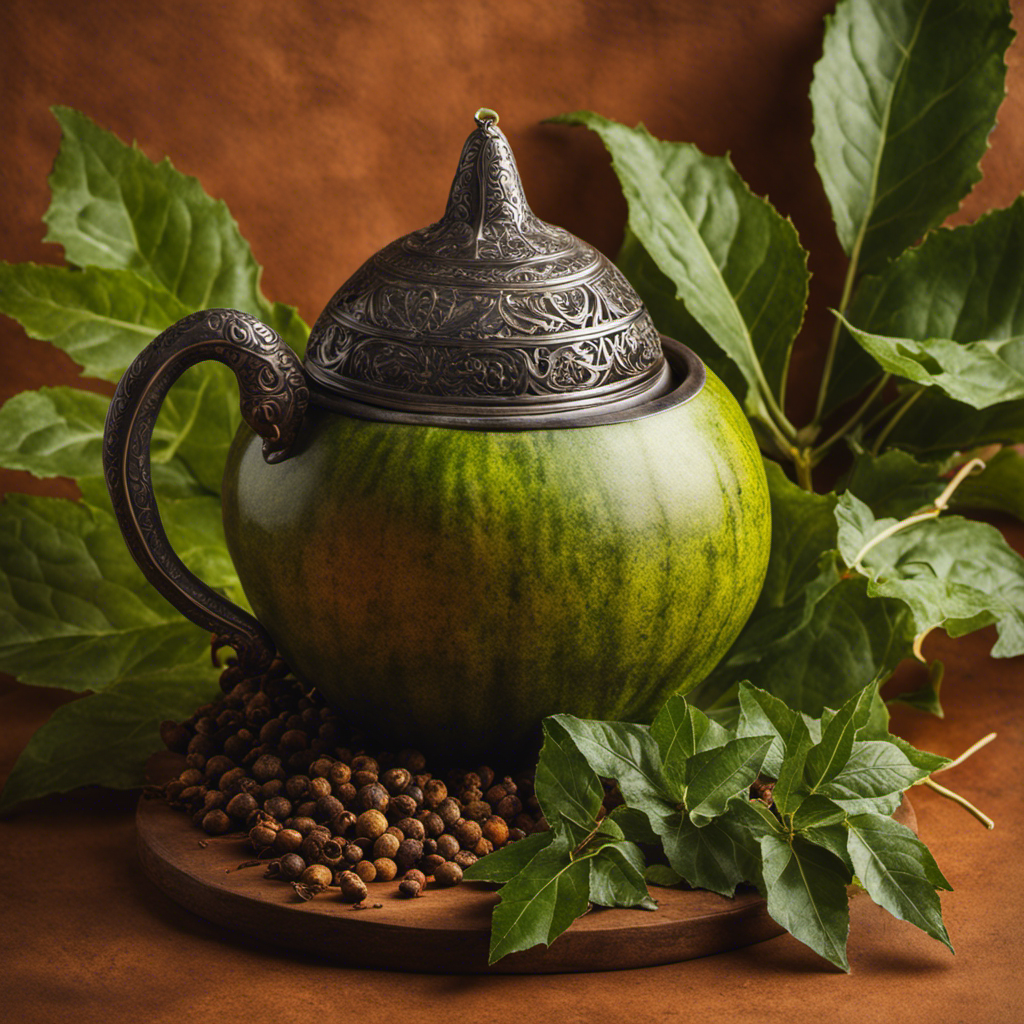 An image showcasing a traditional gourd filled with vibrant green yerba mate leaves, as steam rises from a hot brew