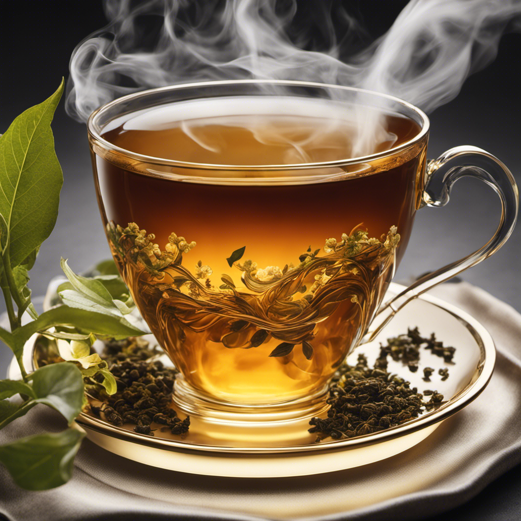 An image showcasing a steaming cup of oolong tea, with delicate tea leaves unfurling at the surface, revealing the golden liquor