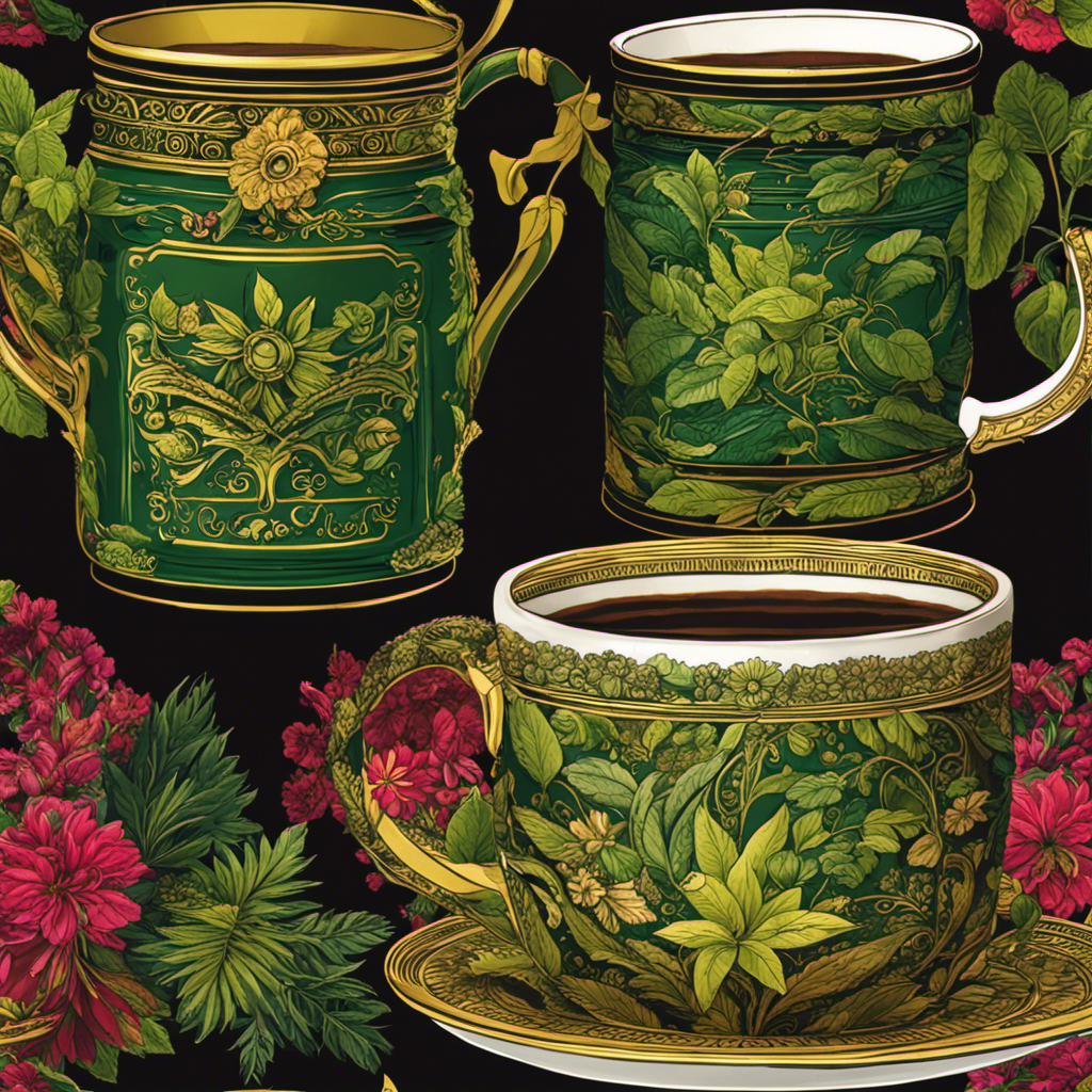 An image showcasing two mugs side by side, one filled with rich, dark coffee and the other with vibrant, green yerba mate