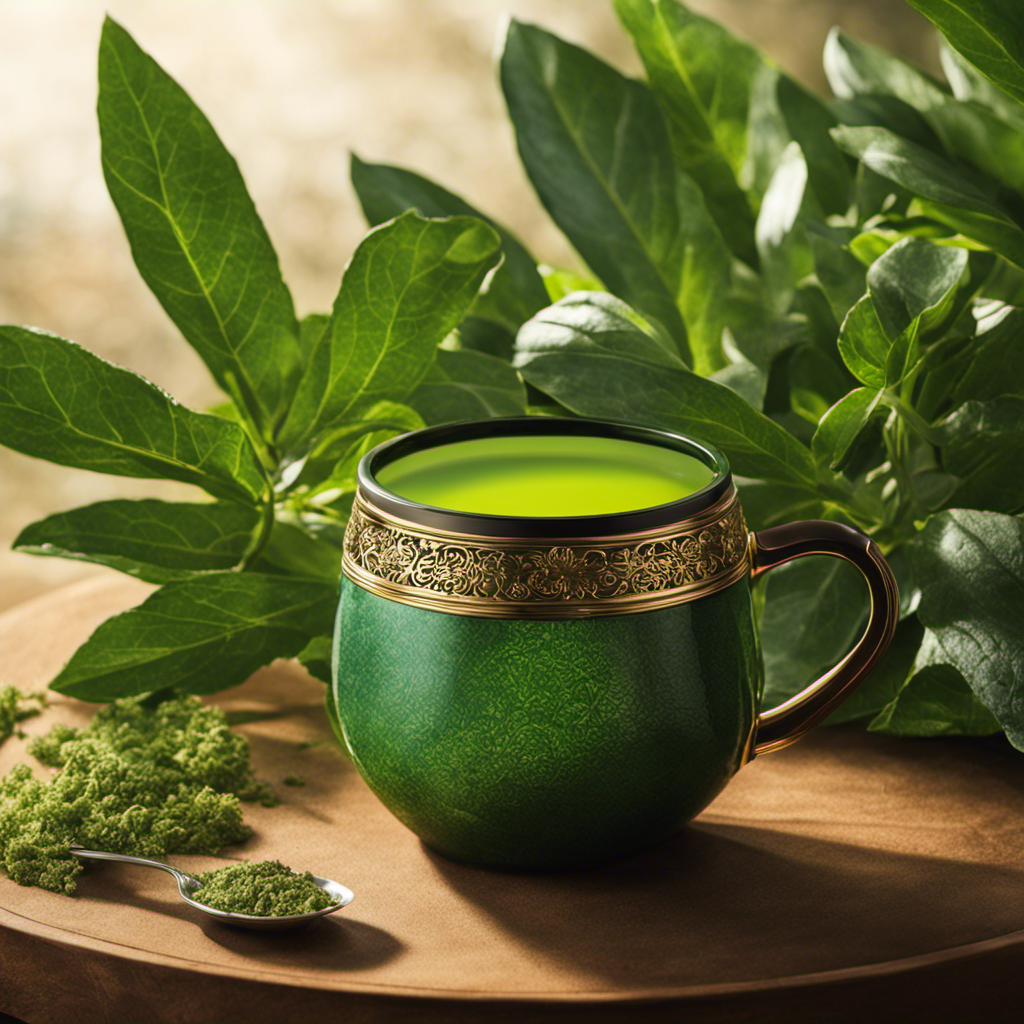 An image that portrays a vibrant green yerba mate leaf, nestled in a delicate cup, emanating subtle steam as morning sunlight filters through a nearby window, alluding to the invigorating power of 150mg of caffeine