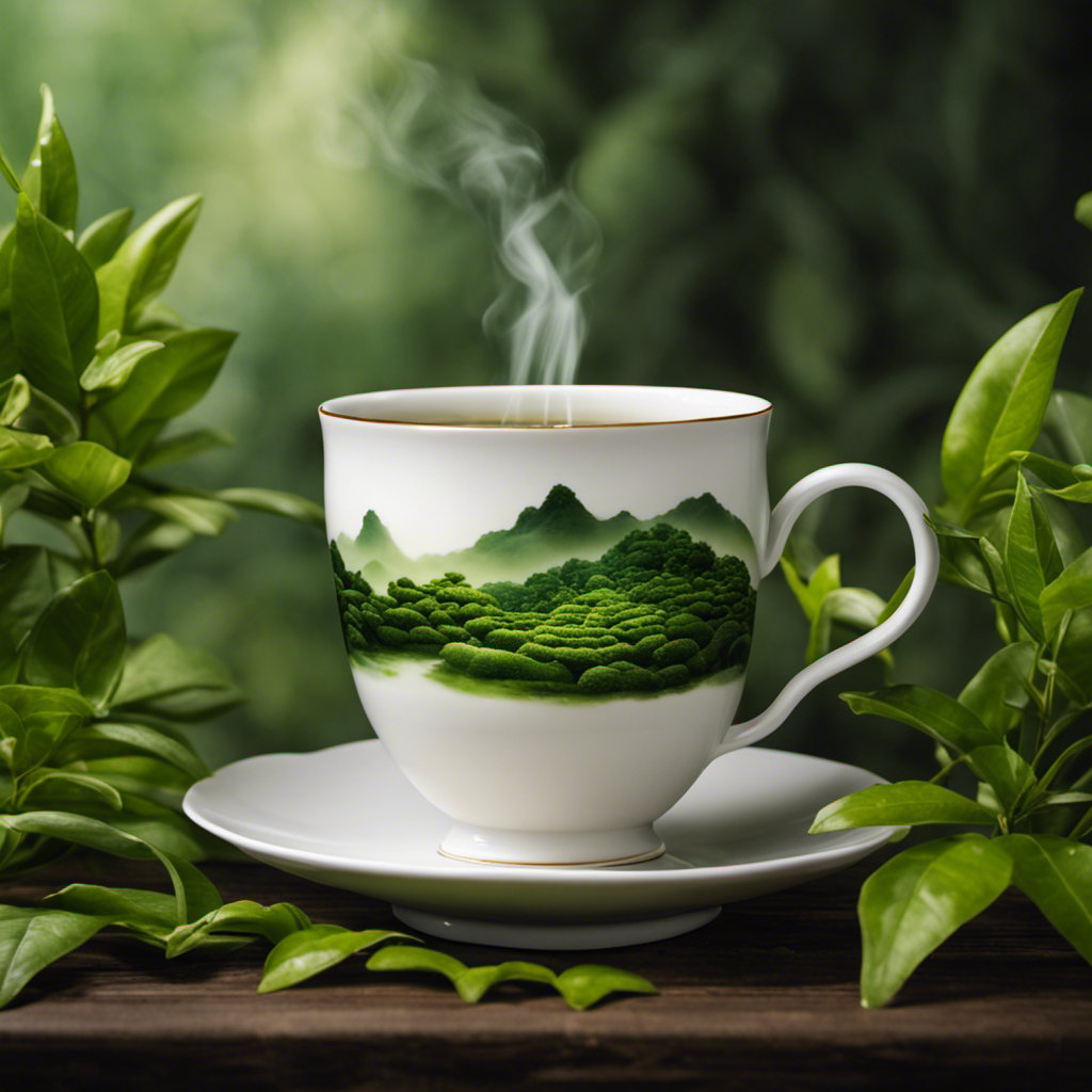 An image showcasing a serene scene of a delicate porcelain tea cup filled with steaming Oolong tea, surrounded by the lush green leaves of the tea plant, hinting at the hidden energy within