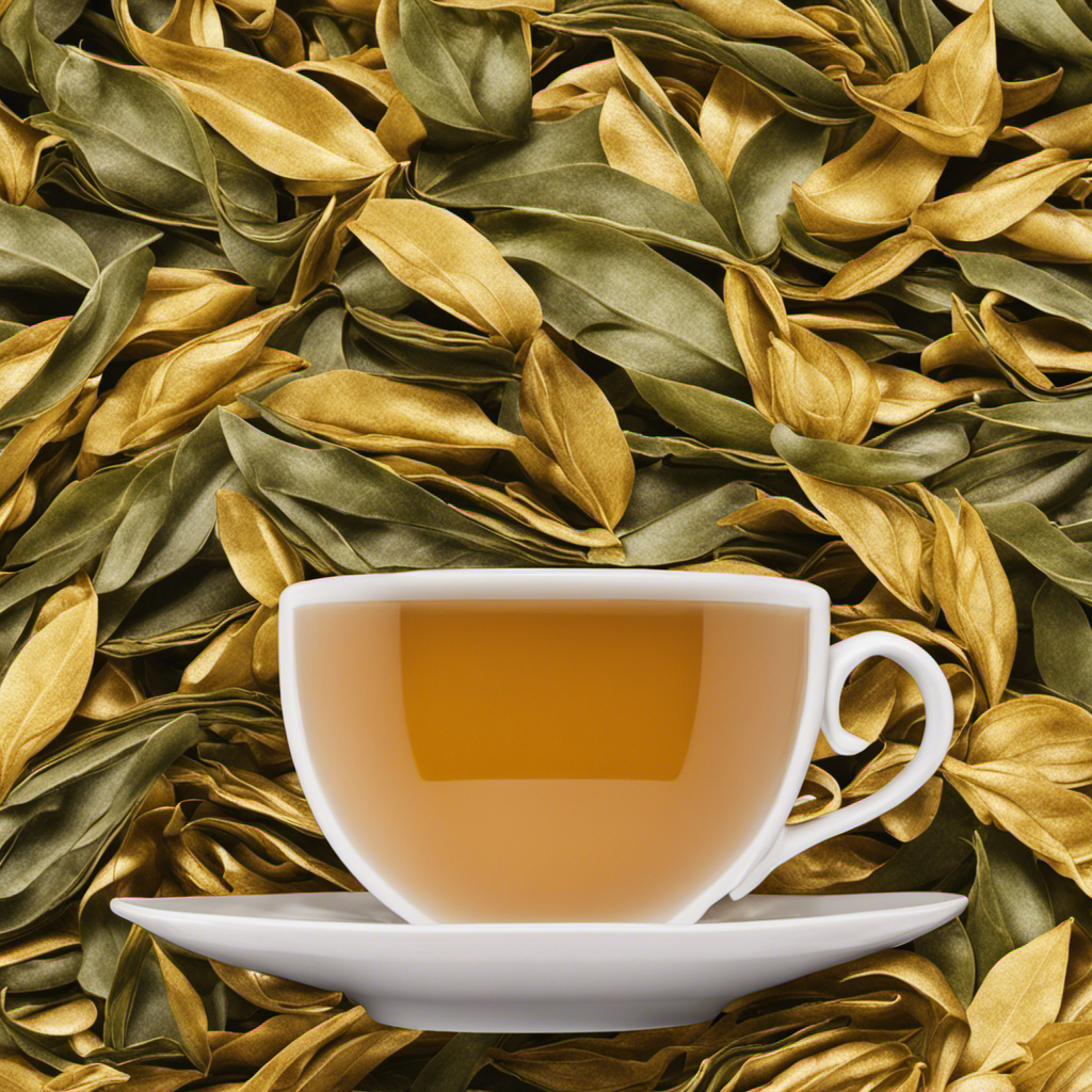 An image showcasing a steaming cup of Bigelow Oolong Tea, with the tea leaves beautifully unfurling in the golden-hued brew, evoking a sense of warmth, relaxation, and the perfect amount of caffeine