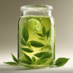 An image depicting a vibrant green tea leaf, submerged in a glass jar of kombucha