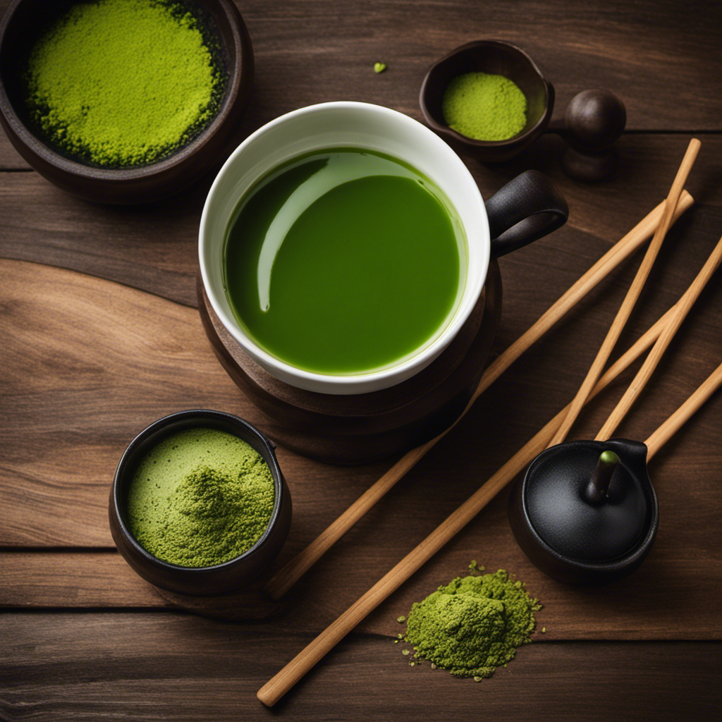 An image showcasing a vibrant, steaming cup of matcha, beautifully presented on a wooden table