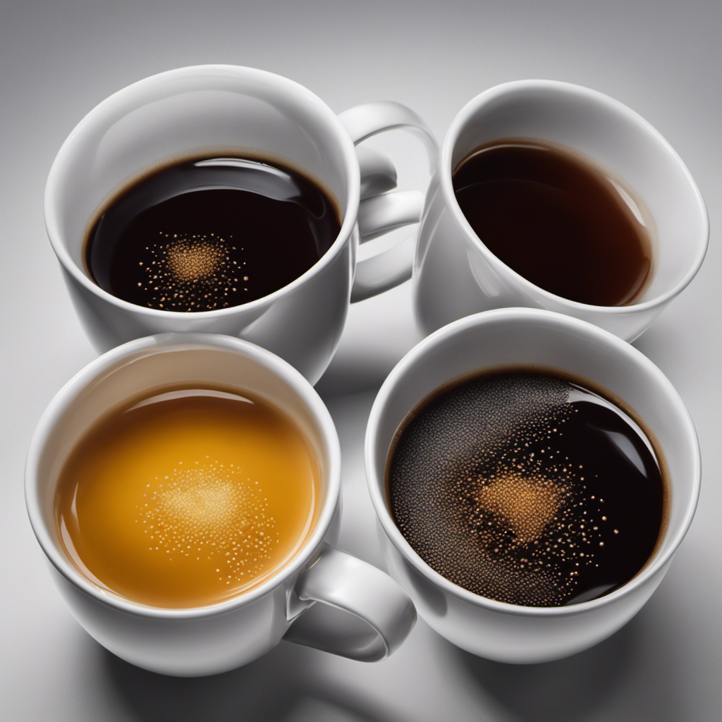 An image showcasing two identical mugs, one filled with rich, dark coffee, brimming with energy, and the other with a delicate cup of oolong tea, emitting a soothing aura, highlighting the caffeine differences between the two