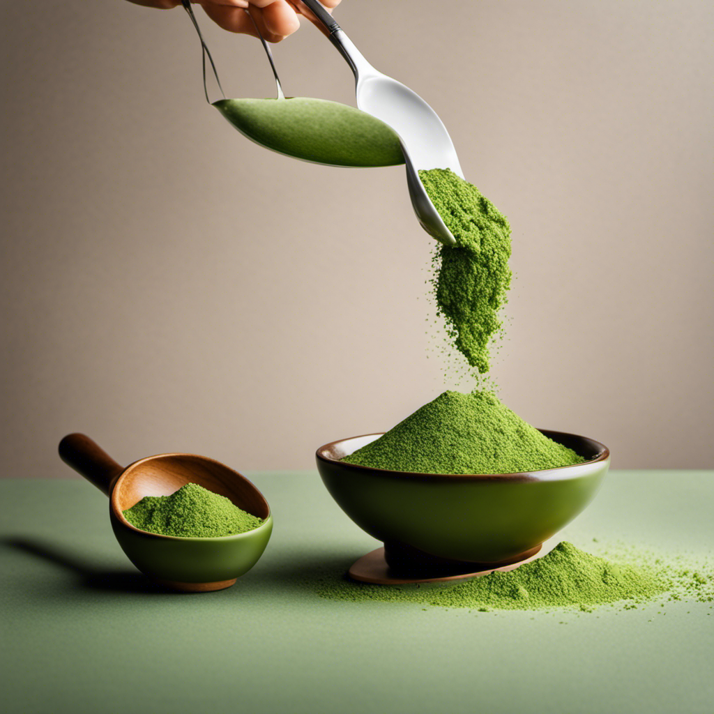 An image showcasing two teaspoons of vibrant green matcha powder gently cascading into a ceramic bowl, with the fine particles suspended mid-air, evoking a sense of tranquility, as the natural caffeine content awaits discovery