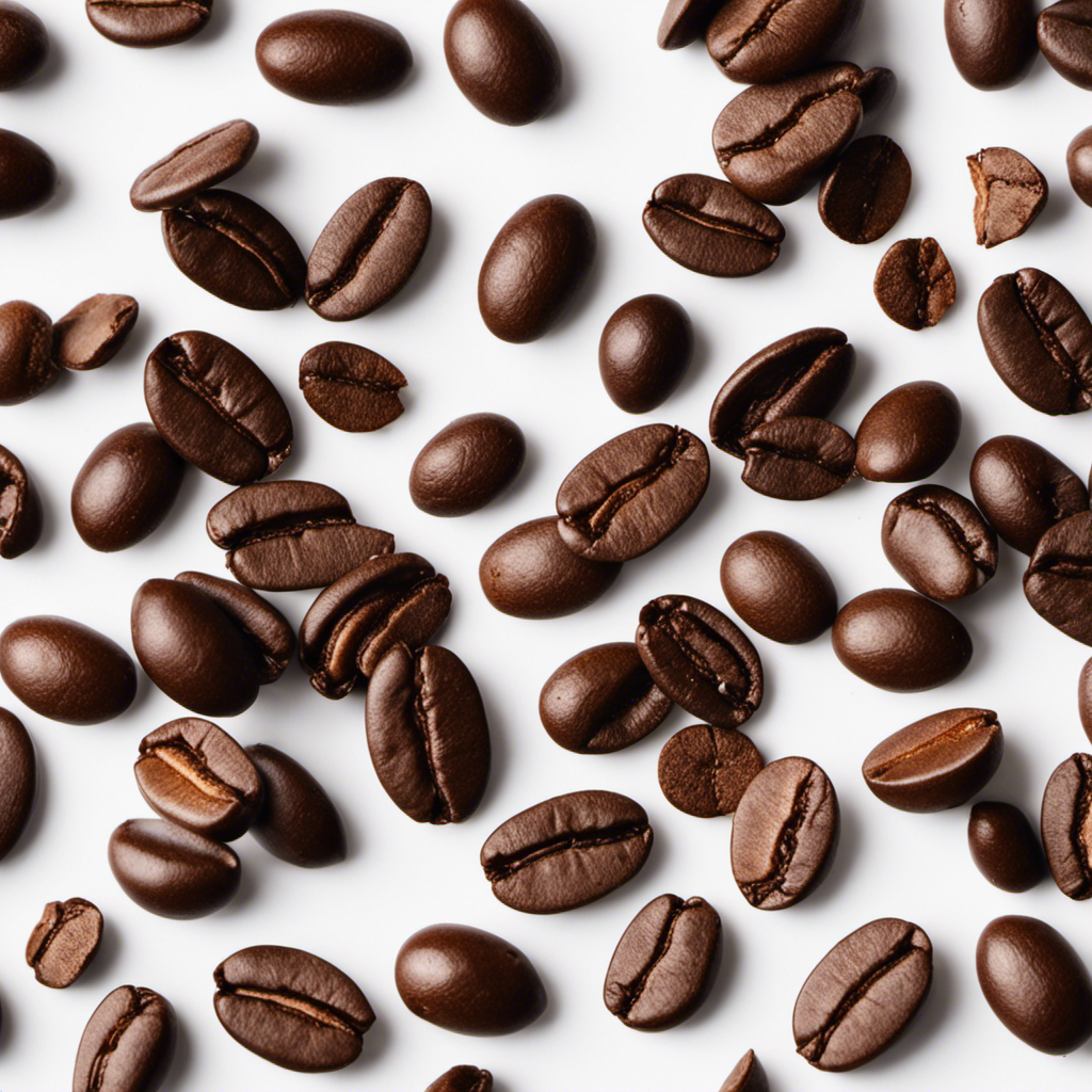 An image that showcases two leveled teaspoons of finely ground coffee beans, neatly arranged on a pristine white surface, surrounded by a scattering of coffee granules, emanating an irresistible aroma