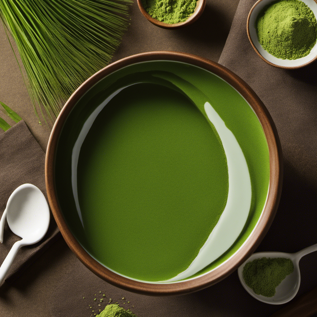 An image featuring a vibrant, green ceramic bowl filled with precisely measured 2 teaspoons of finely powdered matcha
