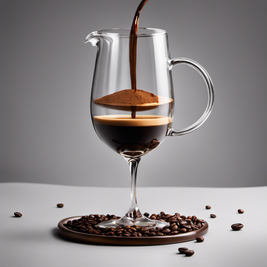 An image showcasing four precisely measured teaspoons of coffee grounds flowing into a transparent glass