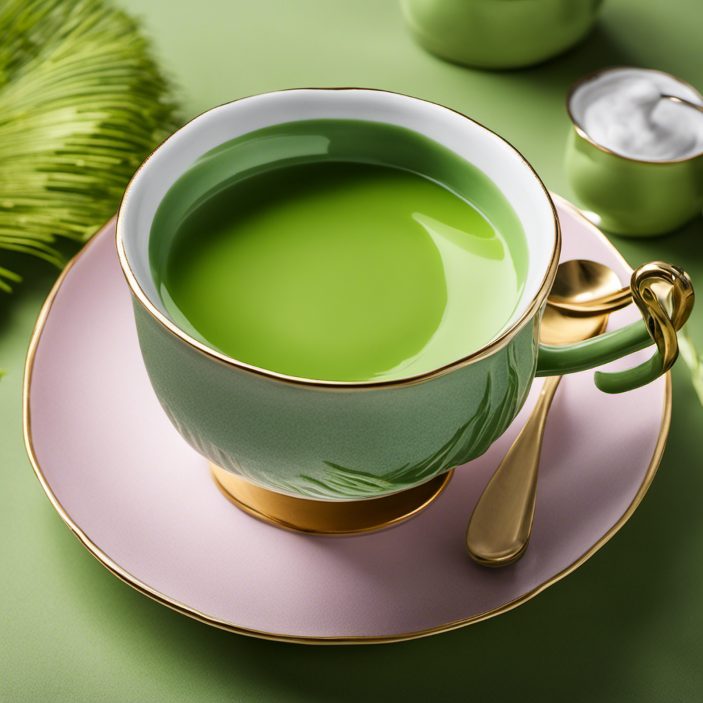 An image showcasing a vibrant green ceramic teacup filled to the brim with frothy matcha tea, surrounded by five delicate teaspoons, each holding an equal amount of powdered matcha