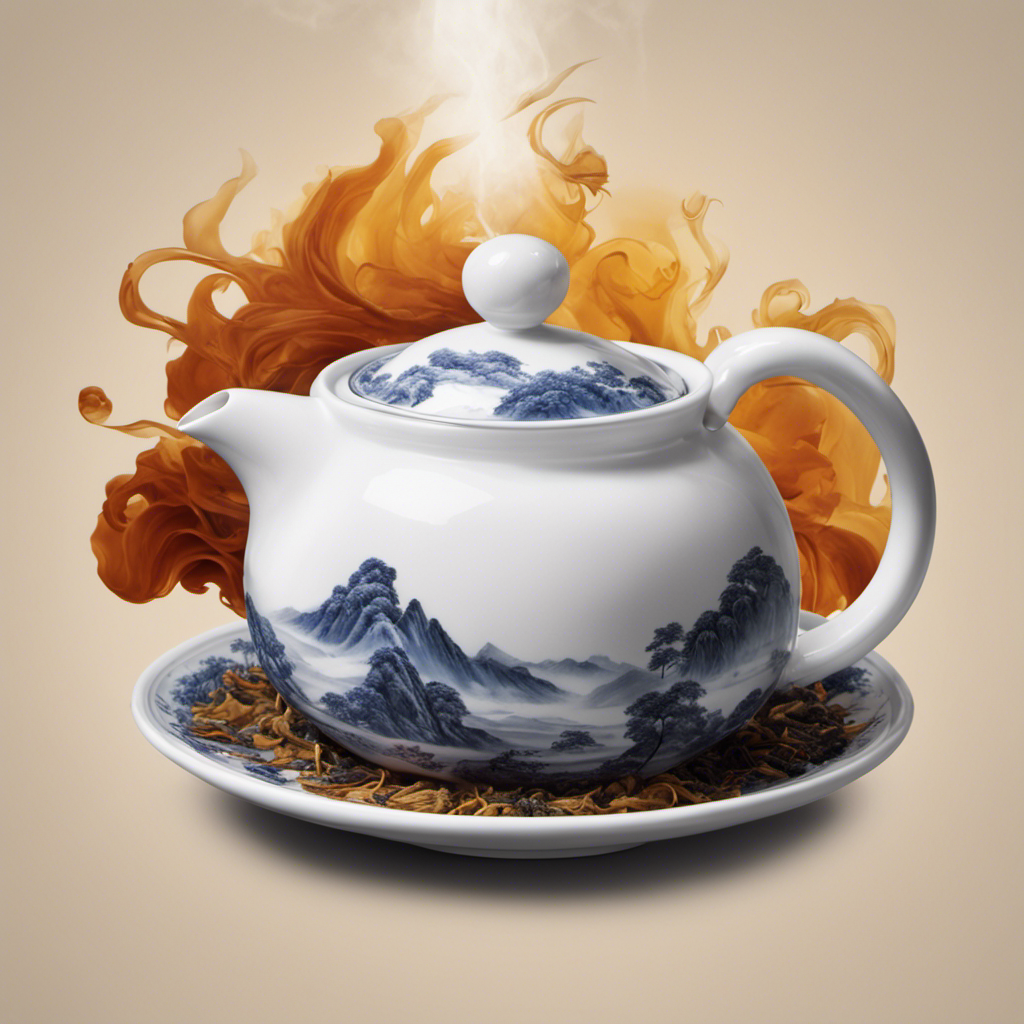 An image showcasing a steaming cup of loose Oolong tea being poured from a traditional Chinese teapot into a delicate porcelain cup, capturing the rich amber color and enticing aroma, emphasizing the caffeine content