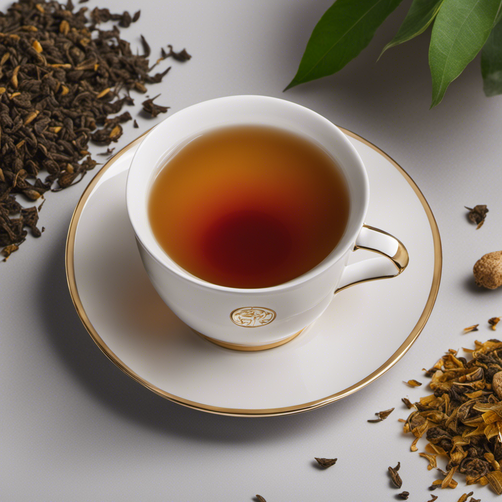 An image depicting a cup of Triple Leaf Oolong tea, showcasing its rich amber color, steam rising elegantly, with a digital counter displaying the precise caffeine content at 37mg per cup