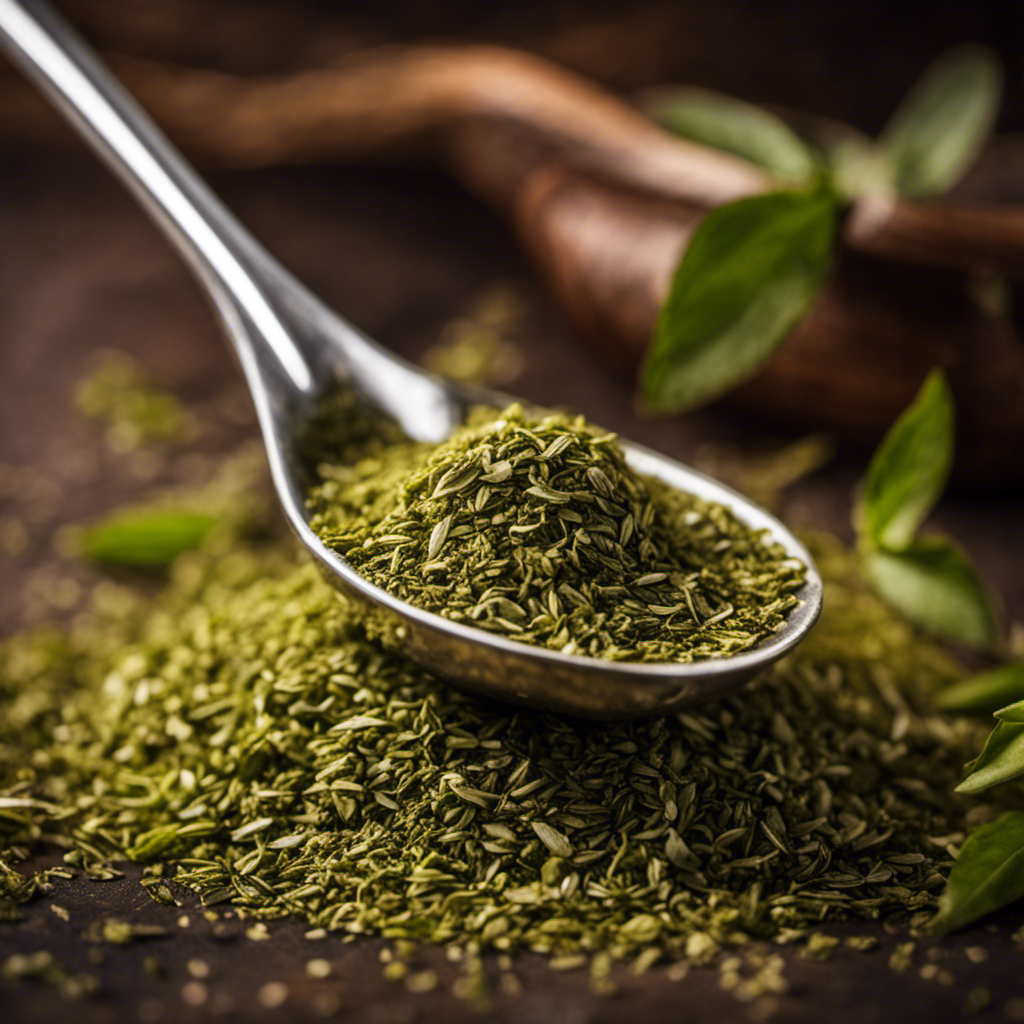 An image showcasing a close-up shot of a measuring spoon filled with finely ground Yerba Mate leaves, capturing the vibrant green color and texture