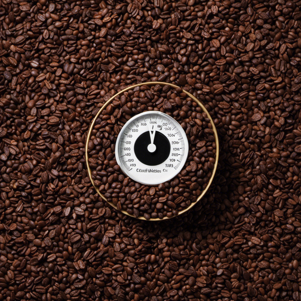 An image showcasing a close-up of raw cacao nibs with a digital caffeine meter superimposed on top, displaying the exact caffeine content