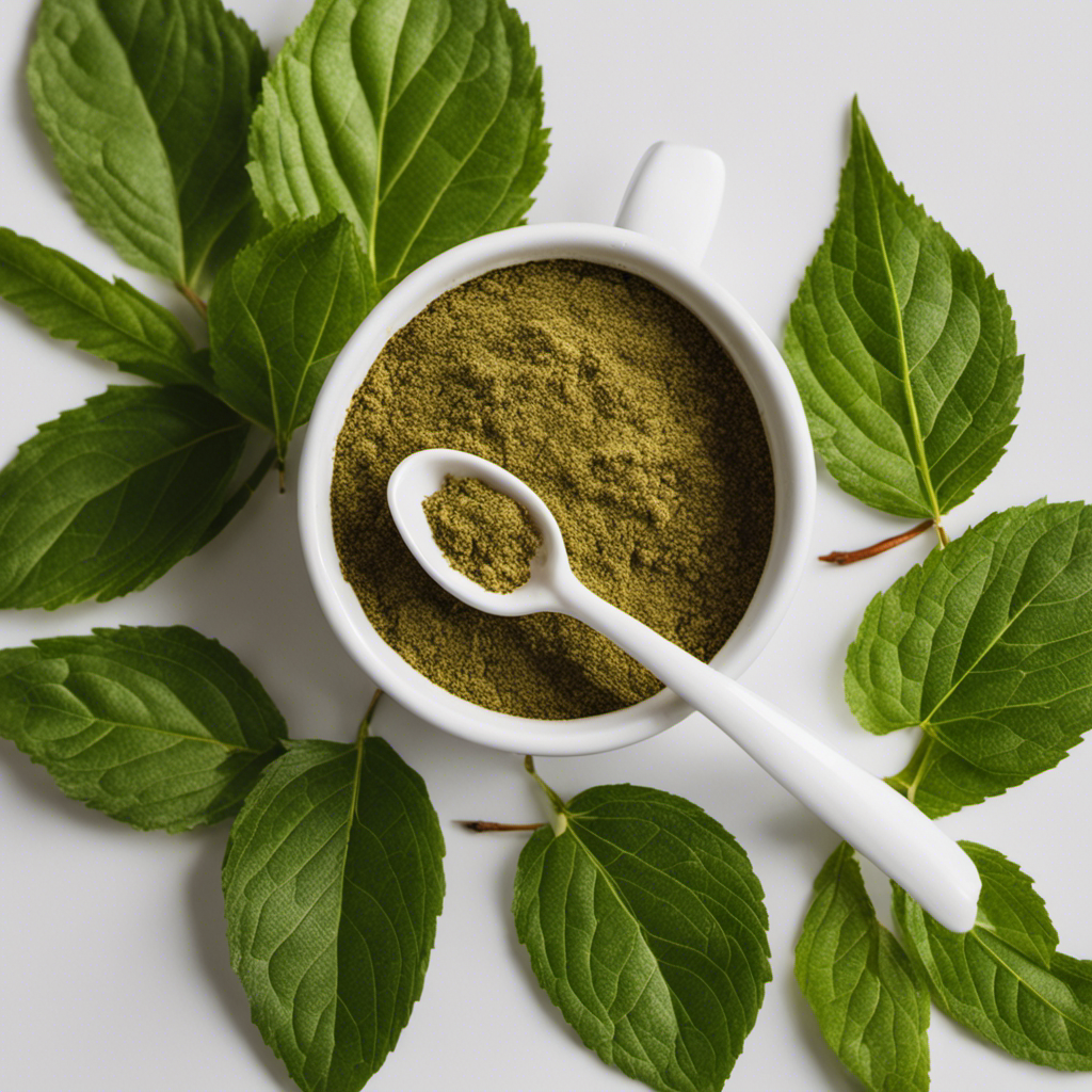 An image showcasing a close-up view of two tablespoons of finely ground yerba mate, neatly arranged in a small white ceramic spoon, surrounded by vibrant green leaves, depicting the caffeine content