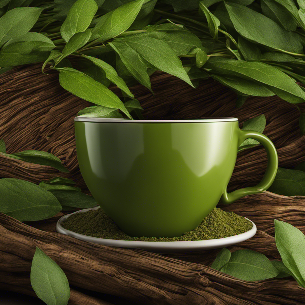 An image showcasing a vibrant 8oz cup of yerba mate, brimming with rich green hue and a hint of steam rising from the brew, alluding to its invigorating caffeine content