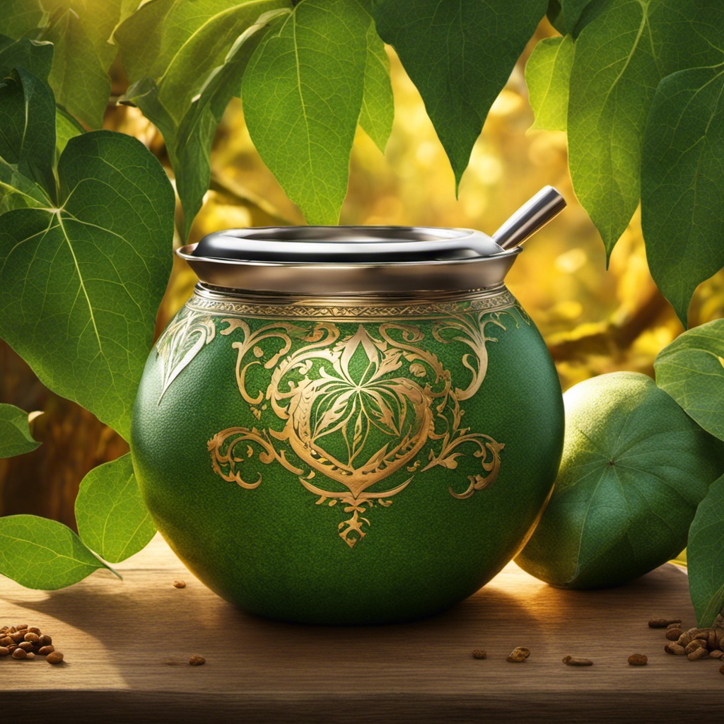 An image that showcases a steaming traditional yerba mate gourd, filled to the brim with vibrant, green yerba mate leaves