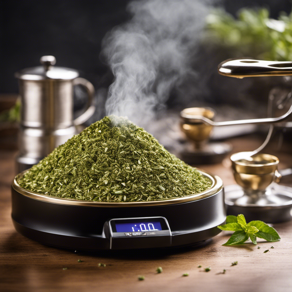 An image featuring a vibrant green Yerba Mate leaf, delicately perched on a kitchen scale, while precisely 400 mg of caffeine crystals are meticulously measured out beside it