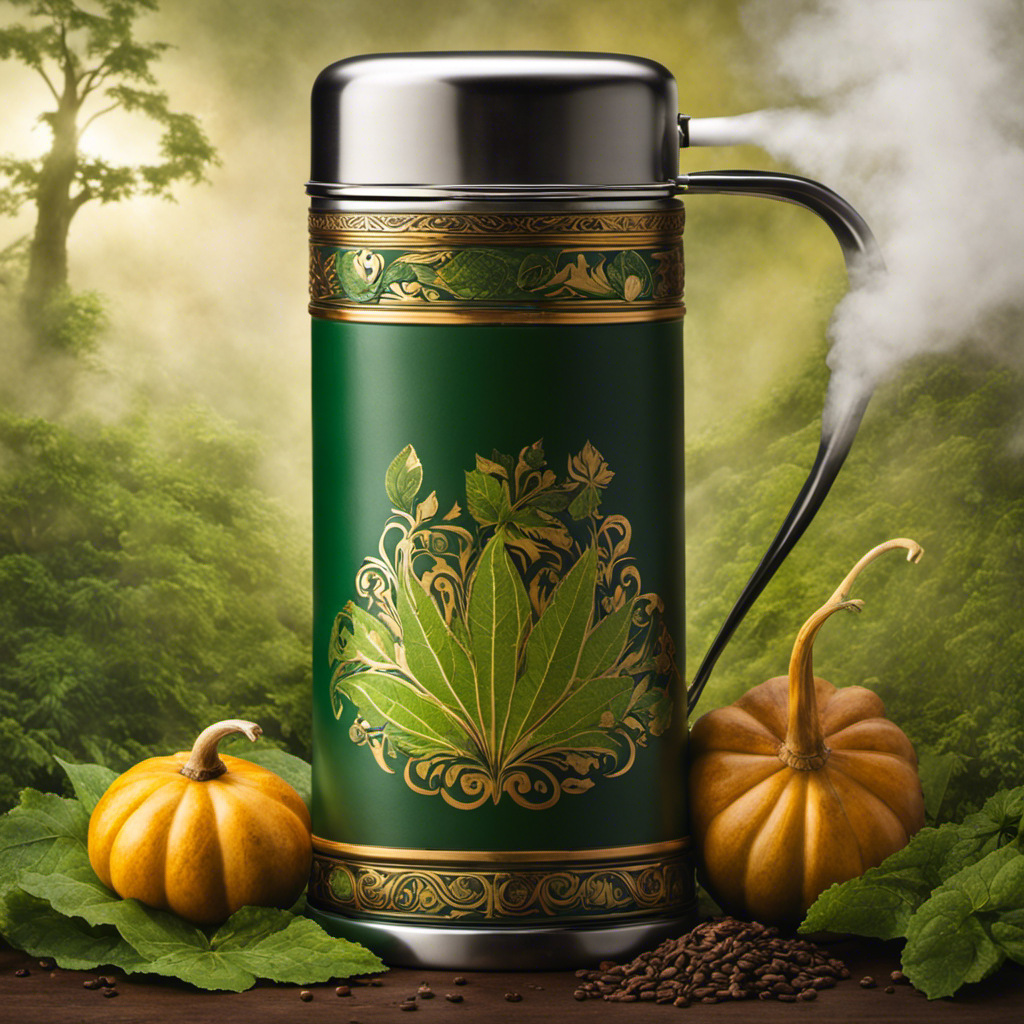 An image showcasing a vibrant gourd filled with rich, green yerba mate leaves, surrounded by steam gently rising from a traditional thermos, evoking the invigorating aroma and caffeine content of yerba mate