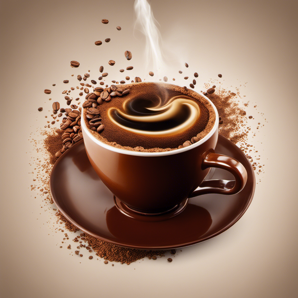 An image showcasing a steaming cup of instant coffee, filled to the brim with precisely measured 2 teaspoons, emphasizing the rich brown color, frothy surface, and swirling steam, evoking a sense of energy and caffeine potency