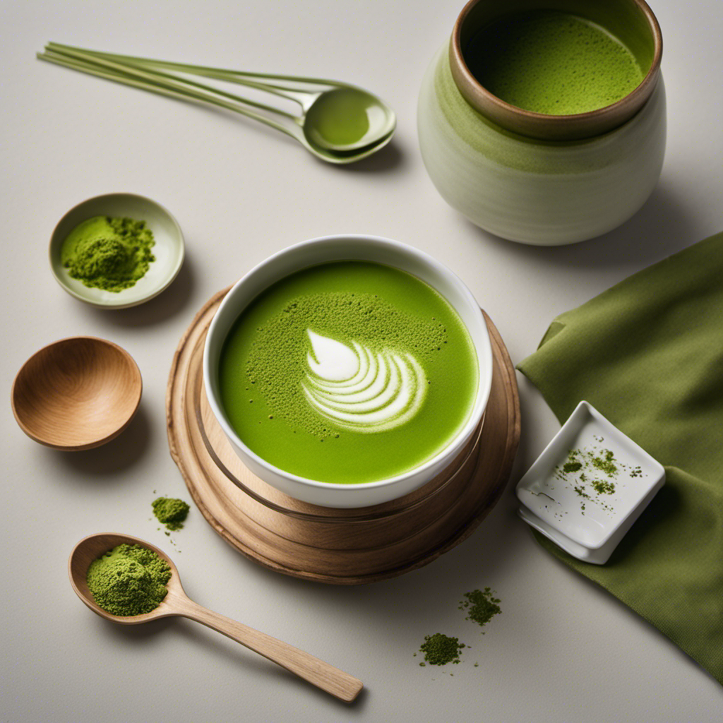 An image capturing the vibrant green hue of a frothy matcha tea, poured into a delicate porcelain cup