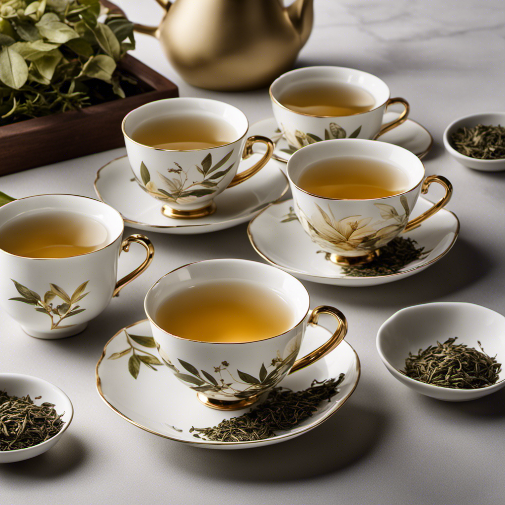 An image that showcases three delicate porcelain teacups filled with fragrant white tea, each adorned with precisely measured three teaspoons of tea leaves, capturing the essence of the post's exploration into the caffeine content of this refined beverage