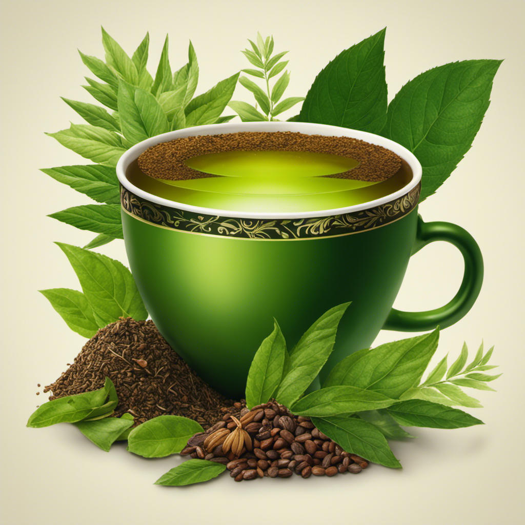 An image showcasing a small cup filled with 75 mg of Yerba Mate, surrounded by vibrant green leaves