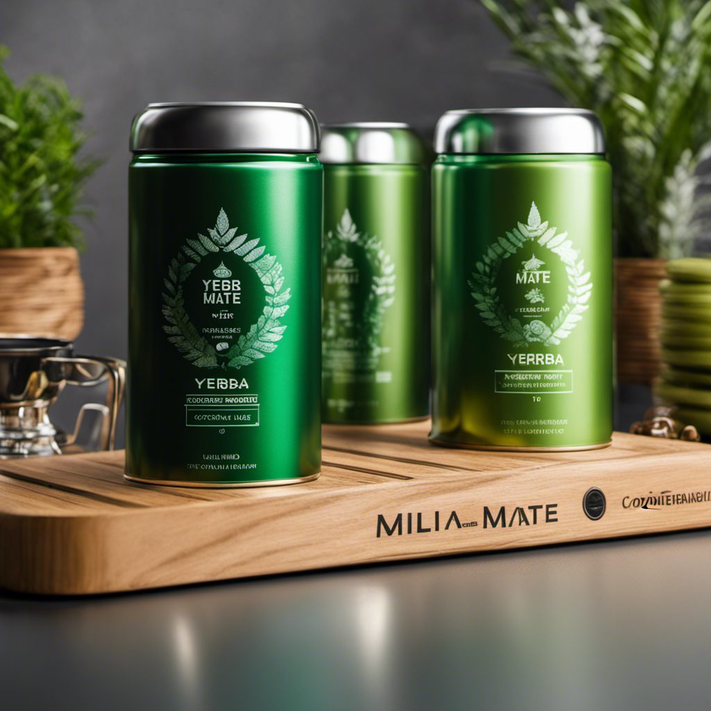 An image featuring a chilled can of Yerba Mate, exuding vibrant green hues, condensation glistening on its surface, alongside a precise digital display showcasing the caffeine content in milligrams