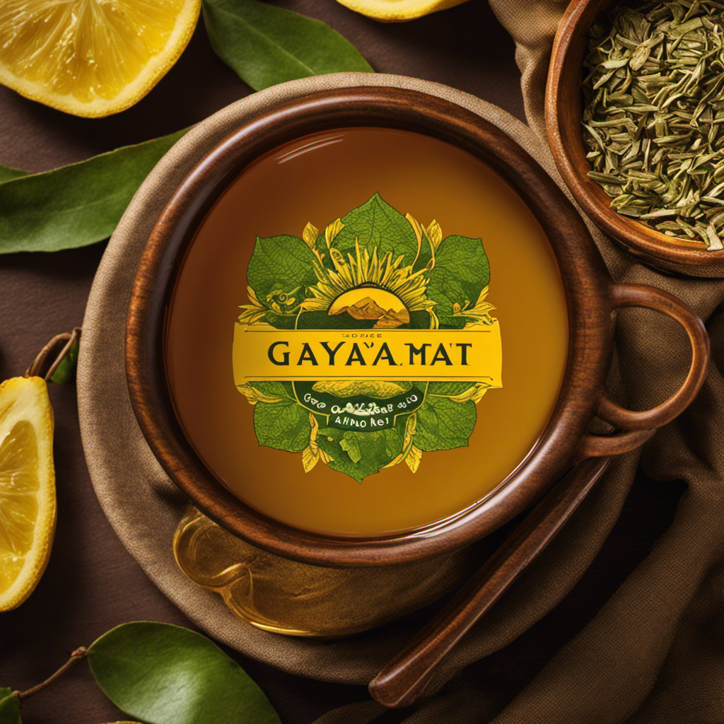 An image showcasing a close-up of a brewed Guayaki Yerba Mate tea bag, revealing its rich amber hue