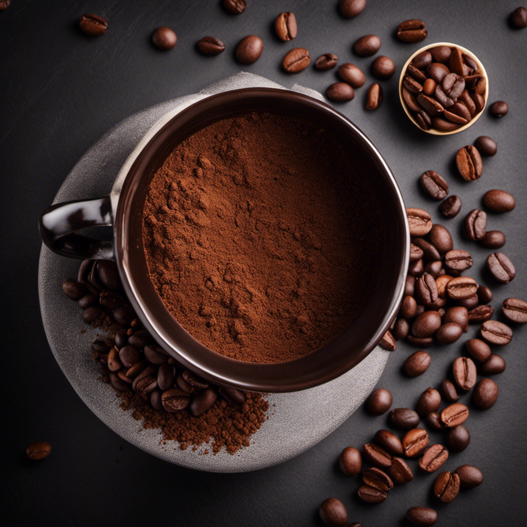 An image that showcases a mug filled with raw cacao powder, surrounded by multiple energetic coffee beans, emphasizing the contrast between the dark, aromatic powder and the vibrant, stimulating beans