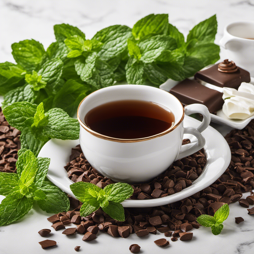 An image showcasing a steaming cup of Stash Chocolate Mint Oolong Tea, adorned with fresh mint leaves and a rich chocolate drizzle, evoking indulgence and hinting at the caffeine content within