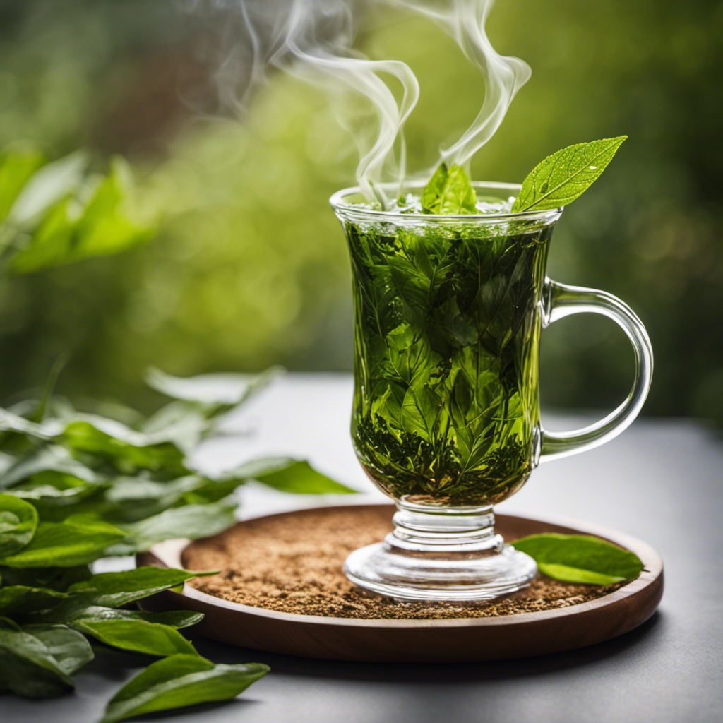 An image showcasing a clear glass mug filled with two heaping teaspoons of vibrant green Yerba Mate leaves, gently infused in hot water