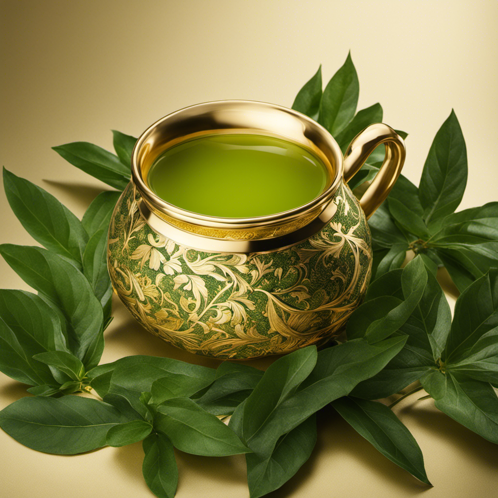 An image that showcases a steaming cup of Yerba Mate Classic Gold, with vibrant green leaves surrounding it