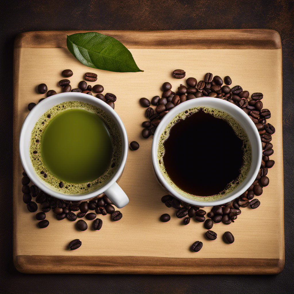 An image showcasing two steaming cups side by side, one filled with rich, dark coffee, the other with vibrant green yerba mate