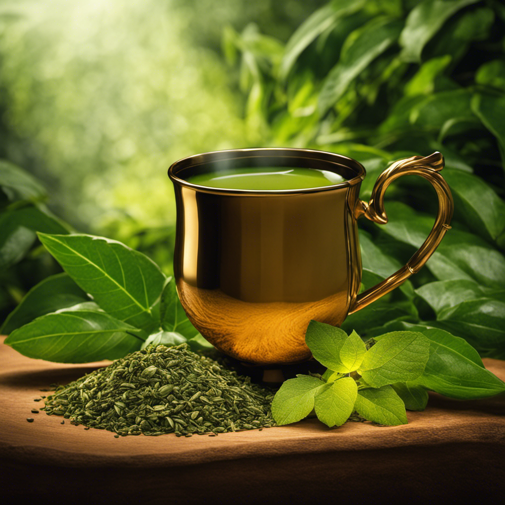 An image of a steaming cup of yerba mate, filled to the brim with vibrant green leaves, emitting an invigorating aroma