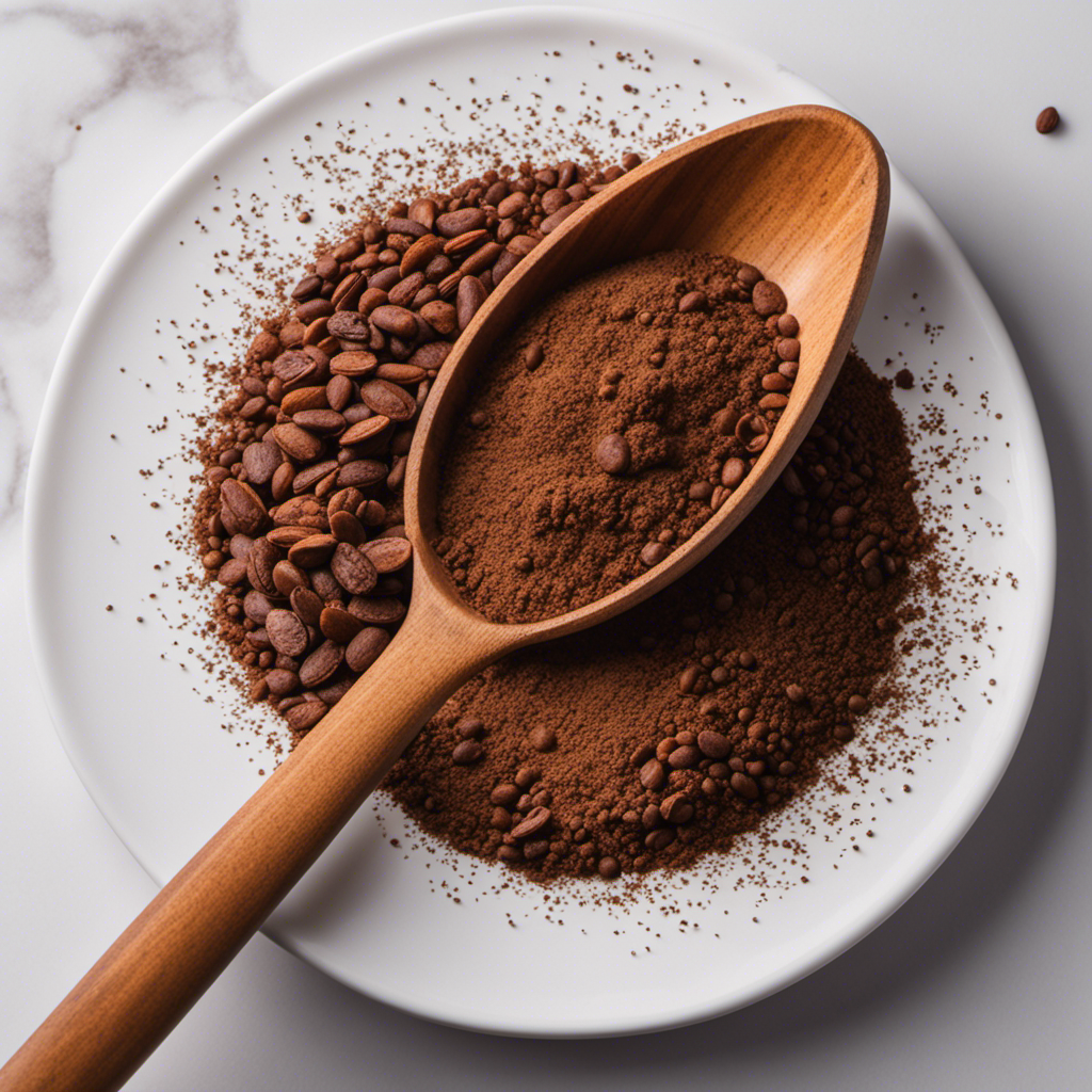 An image showcasing a wooden spoon filled with raw cacao powder, surrounded by tiny caffeine molecules floating in the air