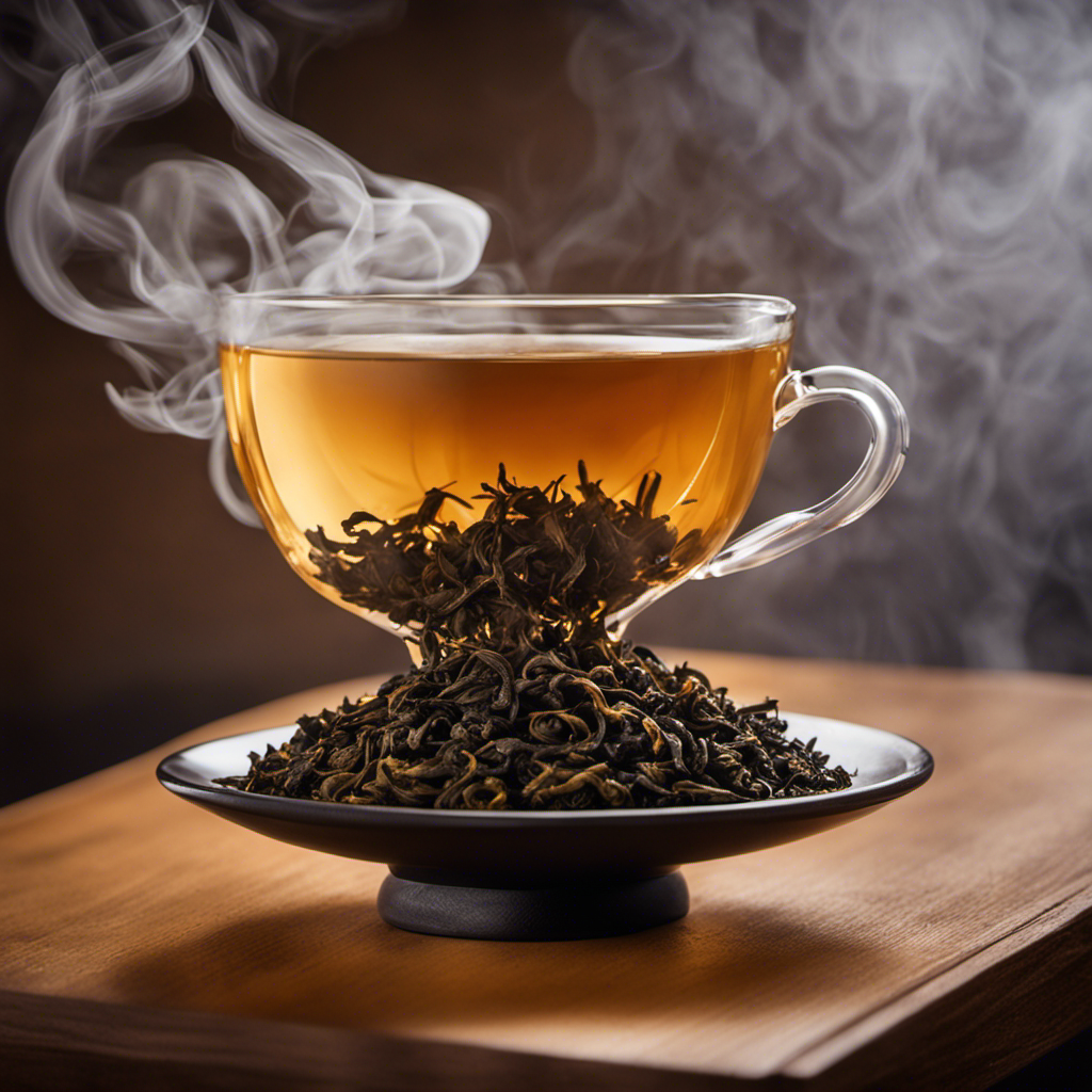 a close-up shot of a steaming cup of golden-hued Wuyi Oolong tea, elegantly displayed on a wooden table