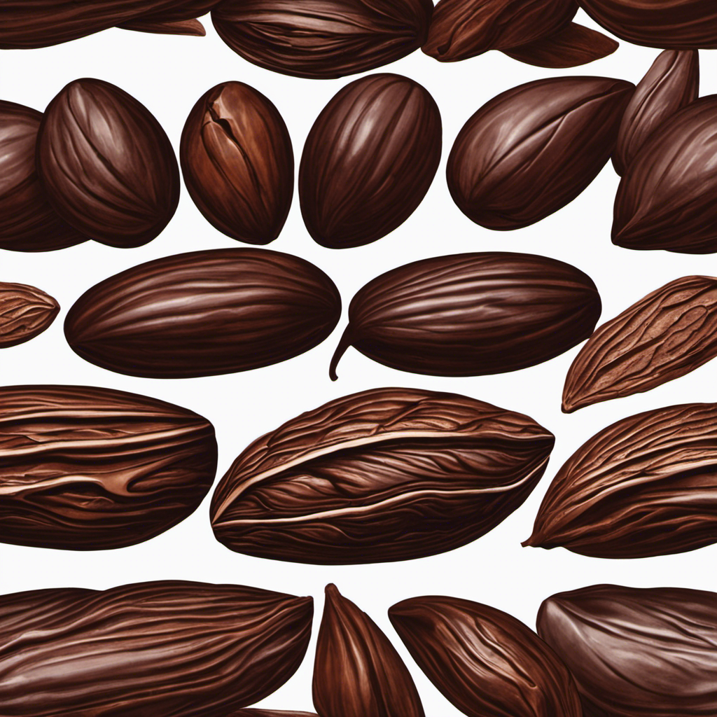 An image showcasing a close-up shot of a small, cracked raw cacao bean, revealing its rich, dark brown color and fine texture, hinting at the hidden caffeine content within