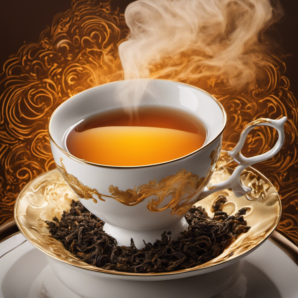 An image showcasing a steaming cup of oolong tea, with delicate, amber-hued liquid swirling inside
