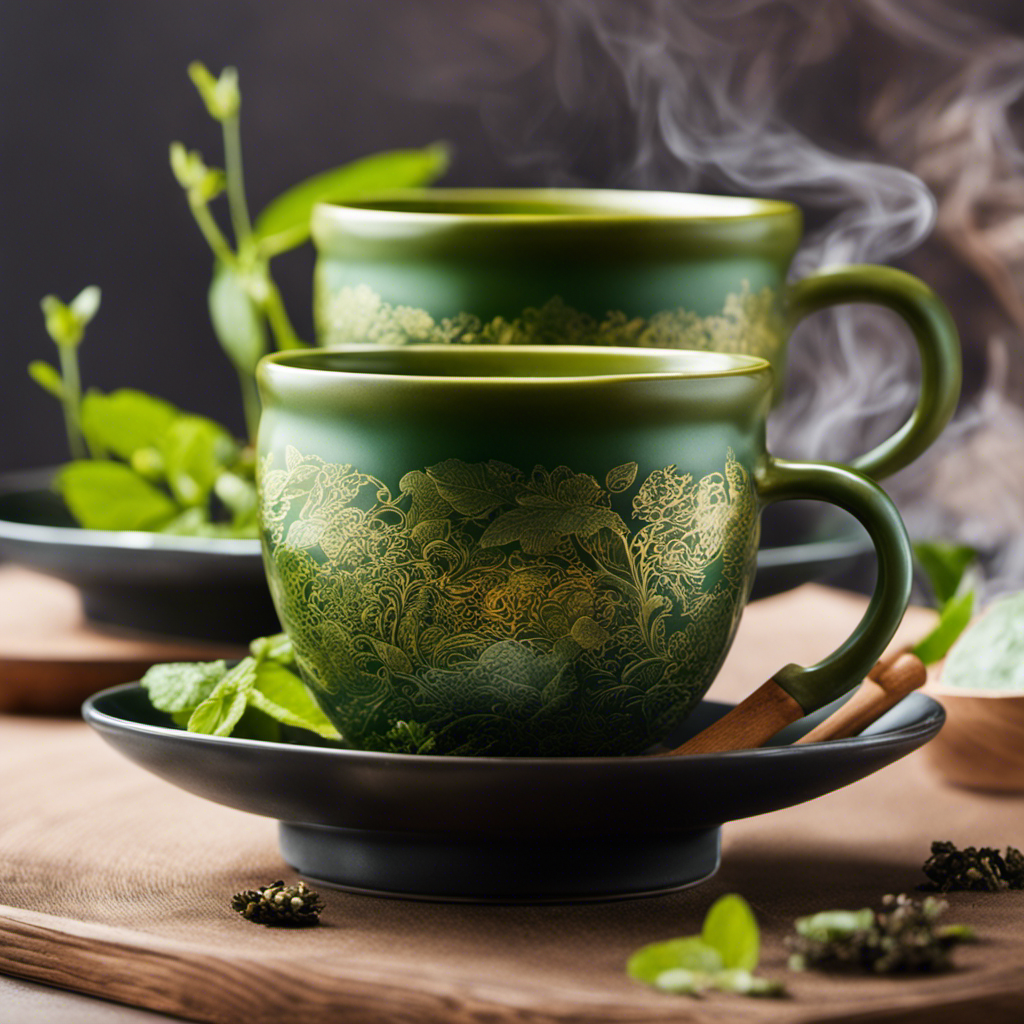 An image showcasing two steaming cups side by side: one filled with rich green Yerba Mate, emanating invigorating earthy tones, and the other brimming with vibrant, jade-hued Green Tea, exuding a calming aura