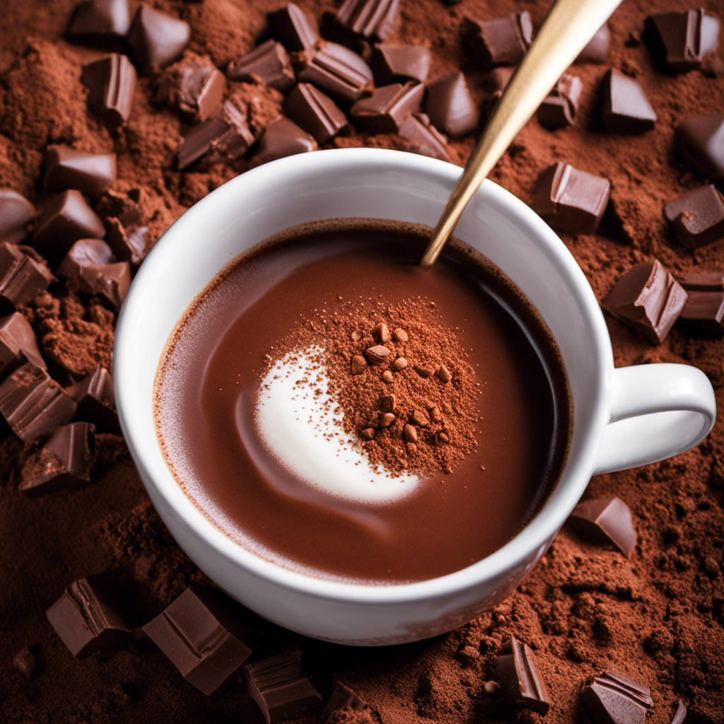 An image showcasing a close-up shot of a vibrant cup of hot chocolate made with organic raw cacao powder