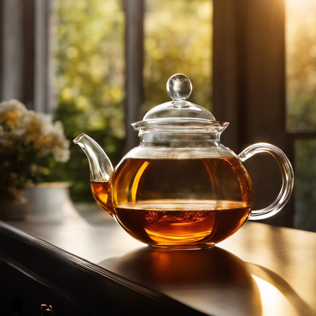 An image of a glass teapot filled with rich amber Oolong tea, steam rising elegantly, encapsulating the tantalizing aroma