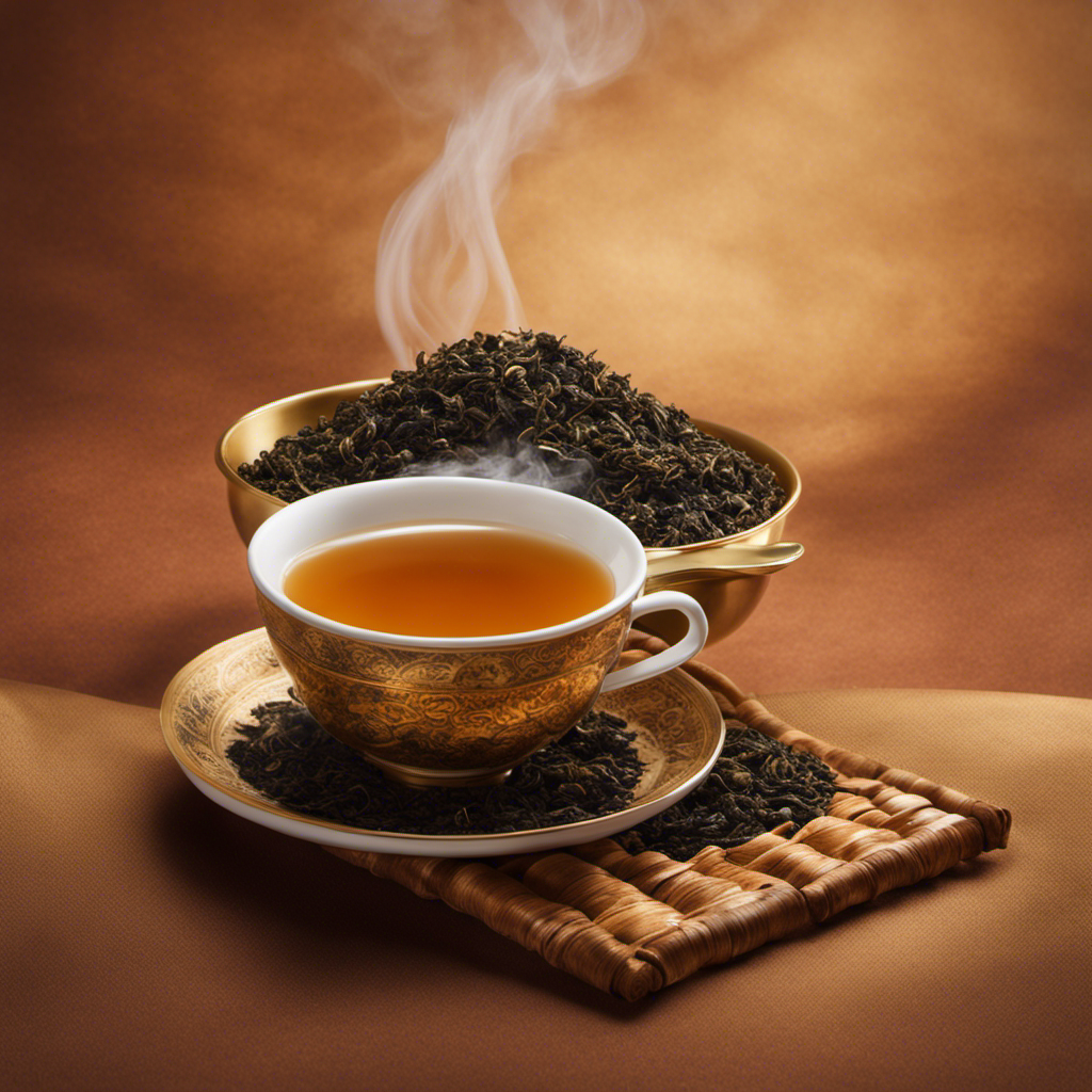 An image of a steaming cup of oolong tea, filled to the brim with delicate, curled oolong tea leaves