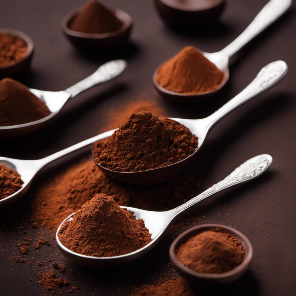 An image showcasing a small teaspoon filled with the rich, dark brown powder of raw cacao