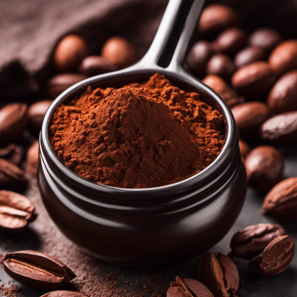 An image depicting a small measuring spoon filled with raw cacao powder, perfectly leveled