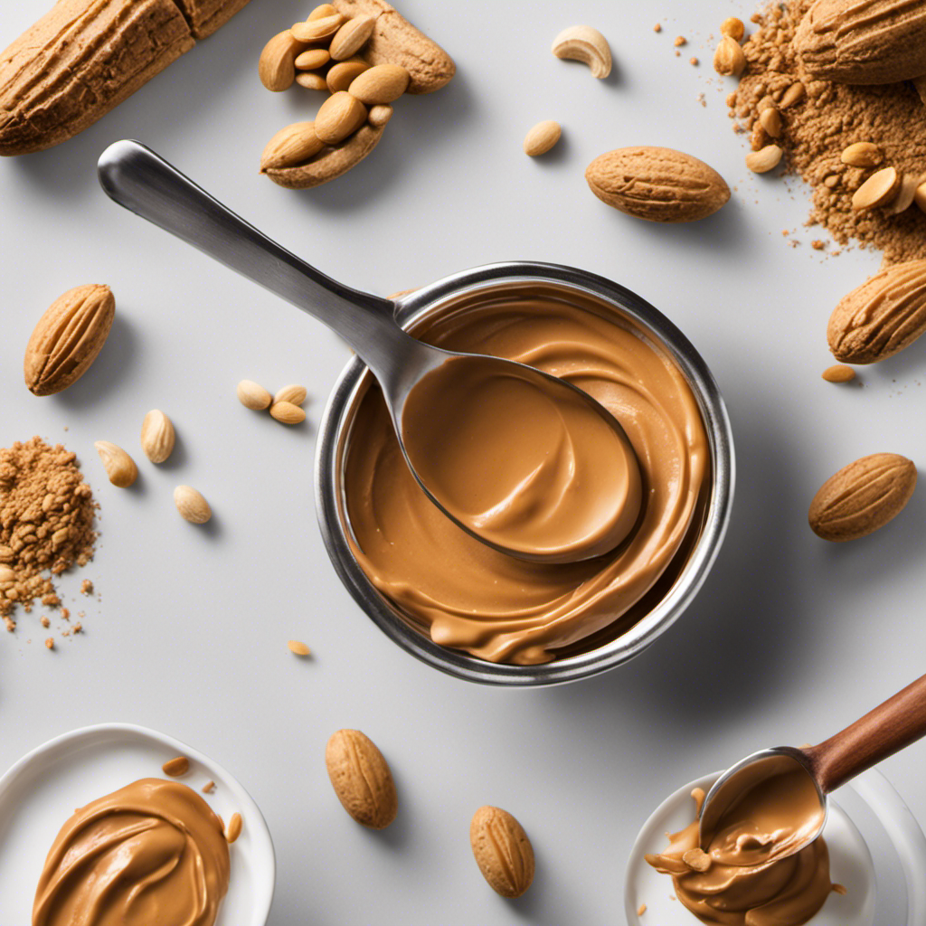 An image showcasing a tablespoon filled with luscious, creamy peanut butter, surrounded by two measuring spoons containing the precise amount of calcium found in 2 teaspoons