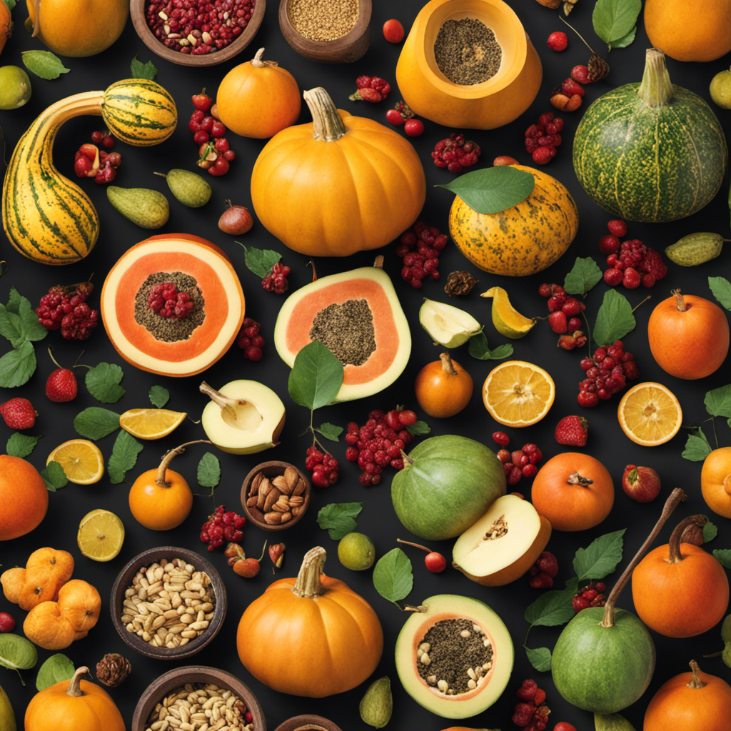 An image showcasing a vibrant, overflowing gourd filled with traditional yerba mate leaves, surrounded by various fruits and snacks, each meticulously labeled with their respective calorie counts