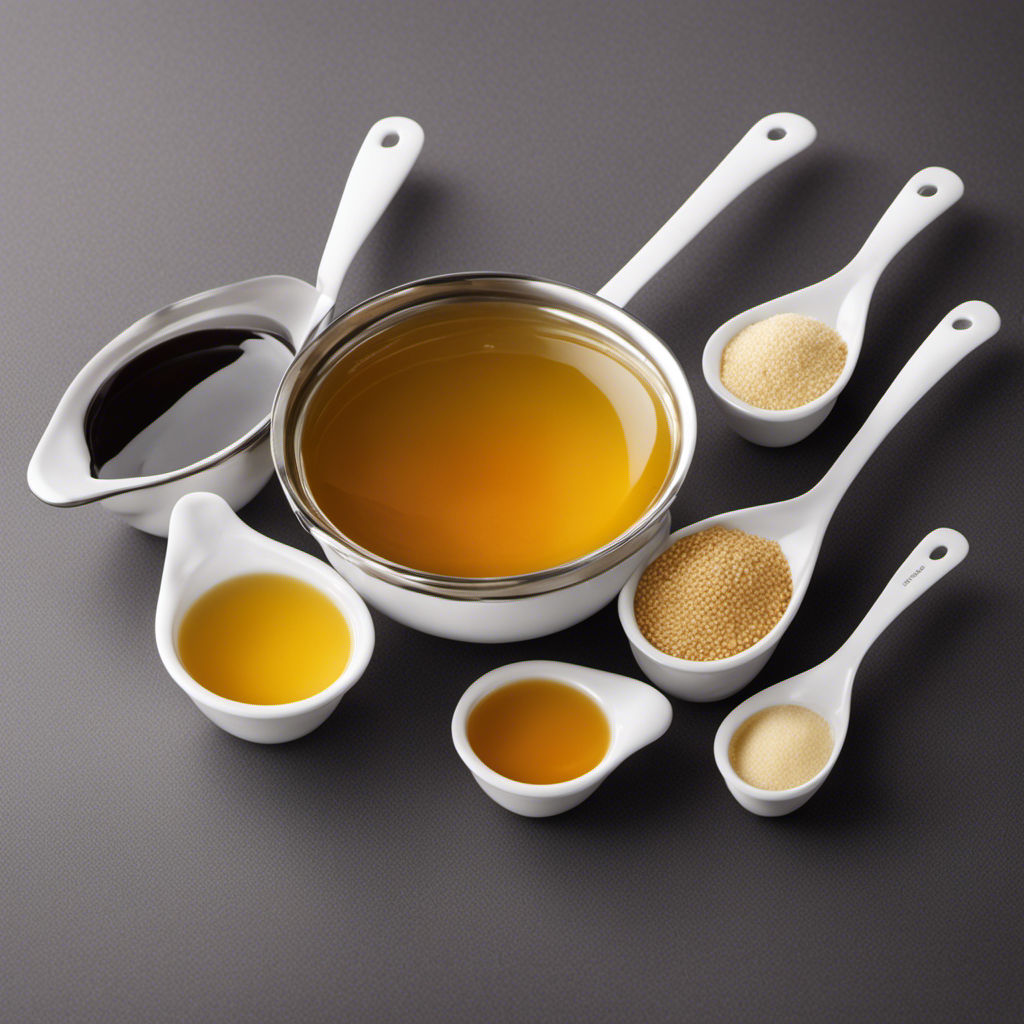 An image showcasing a measuring spoon filled with 4 teaspoons of chicken bouillon granules, surrounded by four separate measuring cups, each containing a different amount of chicken broth, illustrating the correct measurement ratios